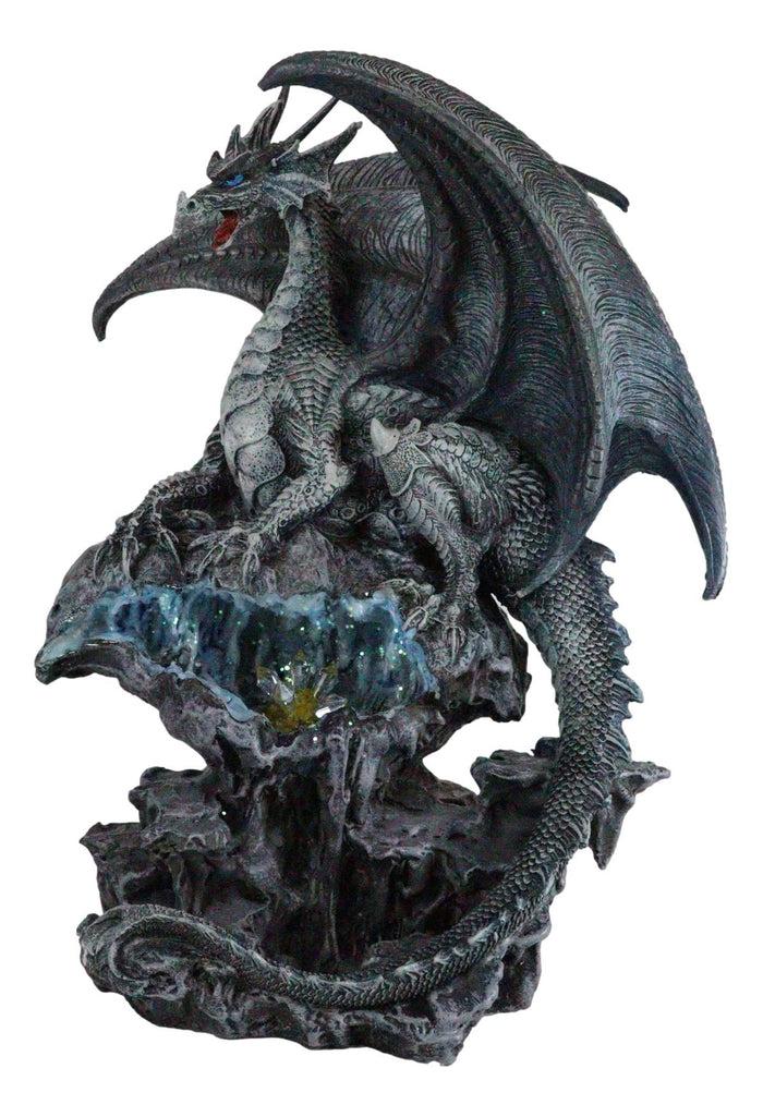 Ebros Gift Elemental Quiksilver Bifrost Dragon Guarding LED Light Blue Crystal Cave Statue