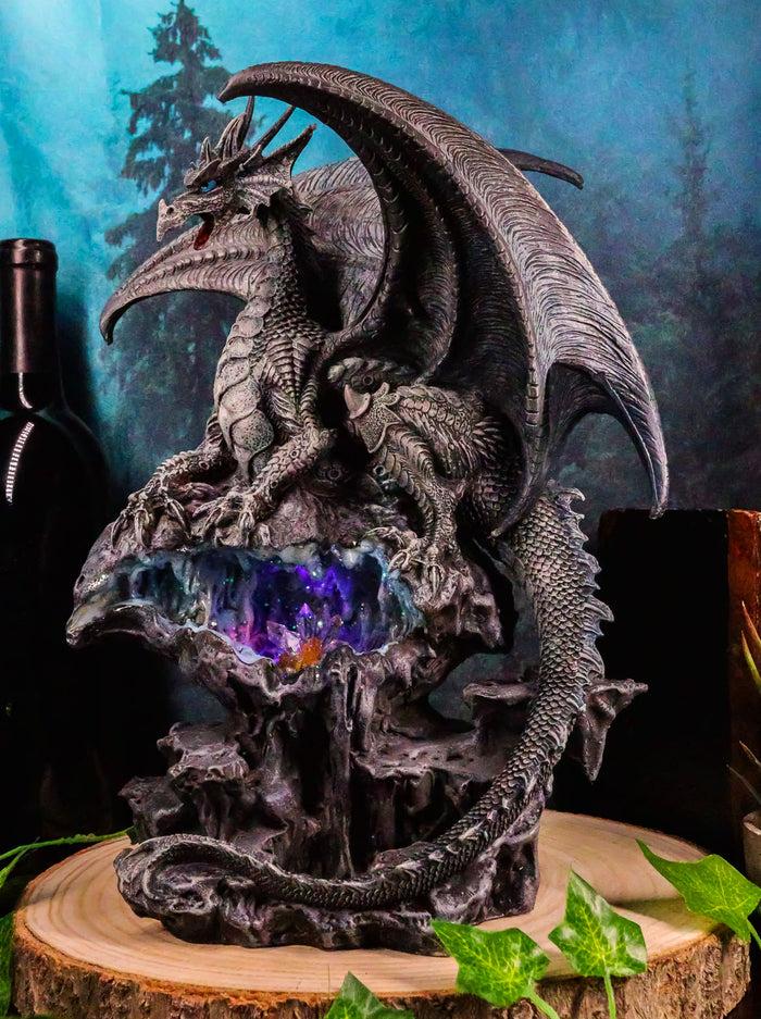 ebros gift Elemental Quiksilver Bifrost Dragon Guarding LED Light Blue Crystal Cave Statue