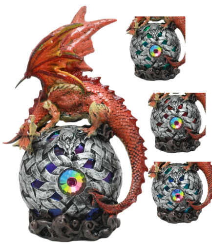 Ebros Gift Elemental Red Fire Dragon Perching On LED Gyrosphere Orb Night Light Statue