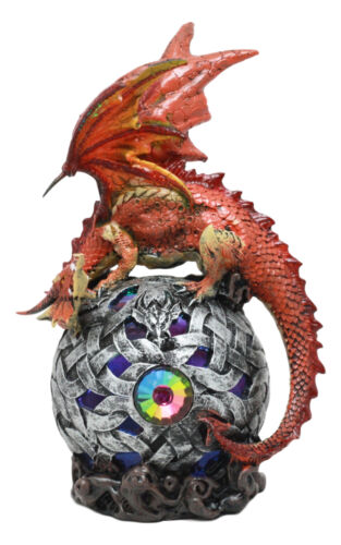 Ebros Gift Elemental Red Fire Dragon Perching On LED Gyrosphere Orb Night Light Statue