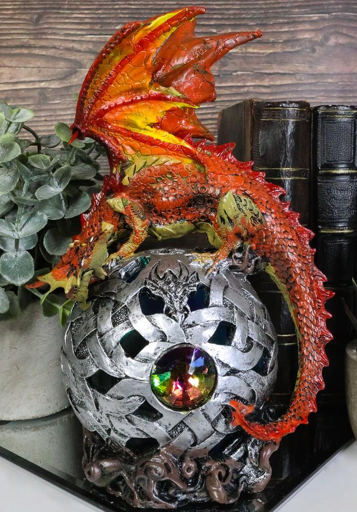 ebros gift Elemental Red Fire Dragon Perching On LED Gyrosphere Orb Night Light Statue