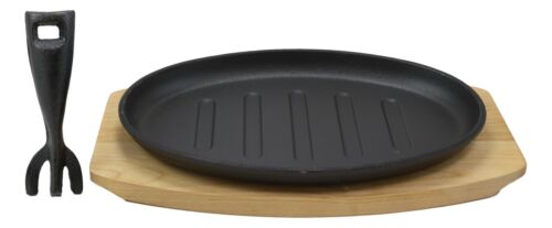 Ebros Gift Enameled Cast Iron Fajita Skillet Japanese Steak Ridged Plate & Base Set 10.5"L