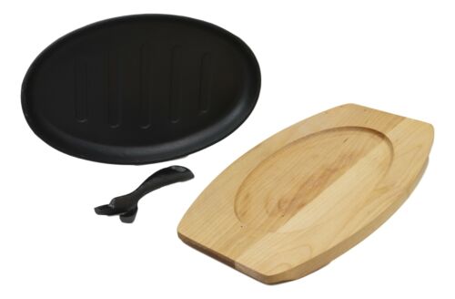Ebros Gift Enameled Cast Iron Fajita Skillet Japanese Steak Ridged Plate & Base Set 10.5"L