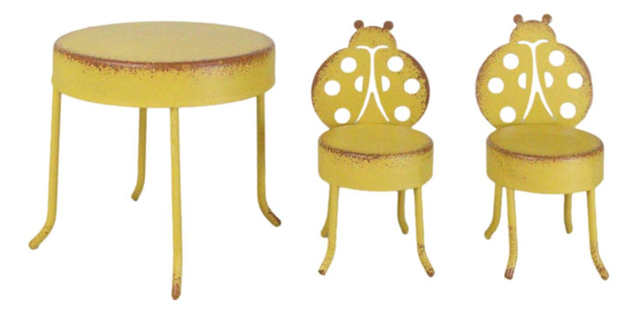 Ebros Gift Enchanted Fairy Garden Miniature Metal Yellow Ladybug Table And 2 Chairs Set