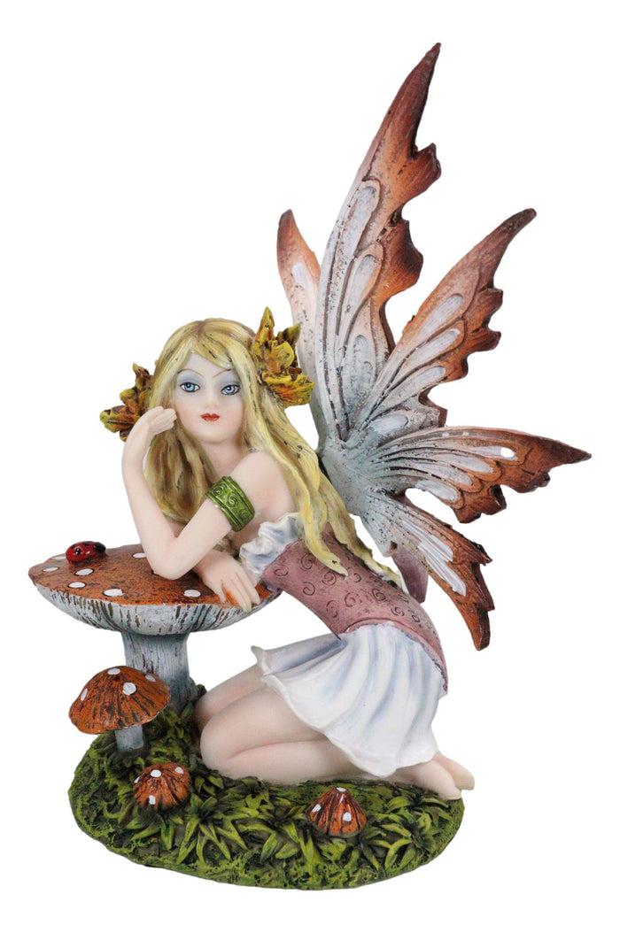 Ebros Gift Enchanted Forest Fall Ladybug Mushroom Fairy Sitting By Toadstools Figurine