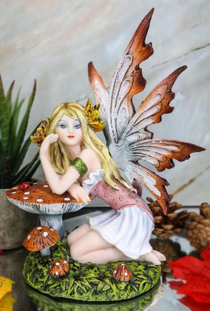 ebros gift Enchanted Forest Fall Ladybug Mushroom Fairy Sitting by Toadstools Figurine