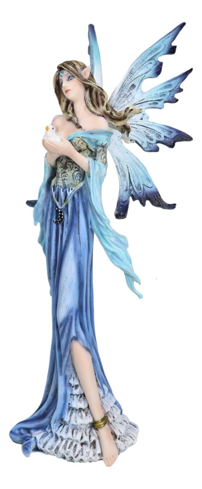 Ebros Gift Enchanted Lady Damsel Fairy In Blue Corset Gown Holding Little Bird Figurine