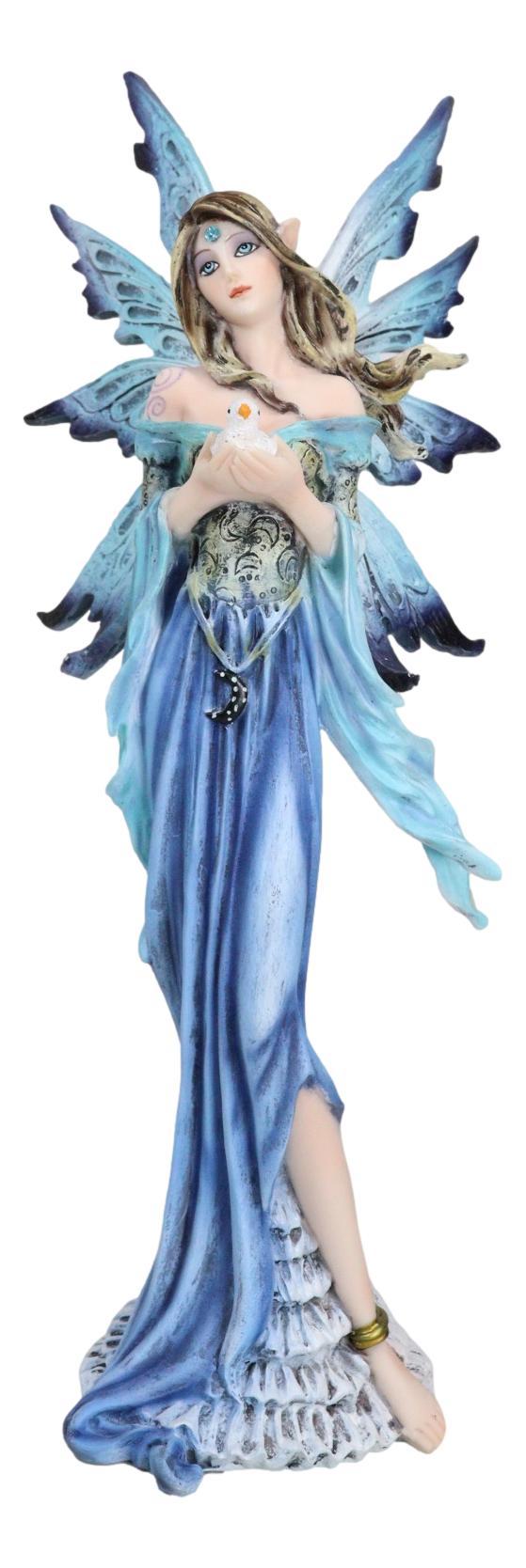 Ebros Gift Enchanted Lady Damsel Fairy In Blue Corset Gown Holding Little Bird Figurine