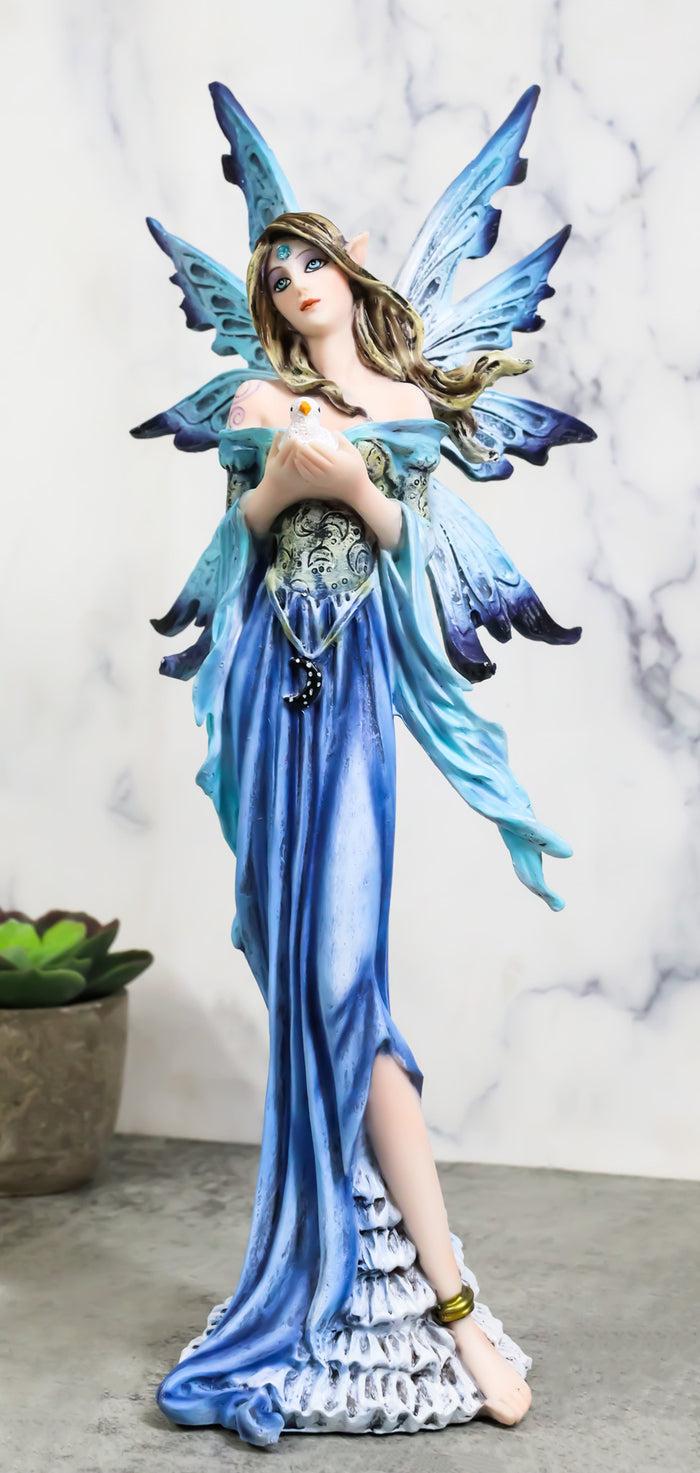 ebros gift Enchanted Lady Damsel Fairy in Blue Corset Gown Holding Little Bird Figurine
