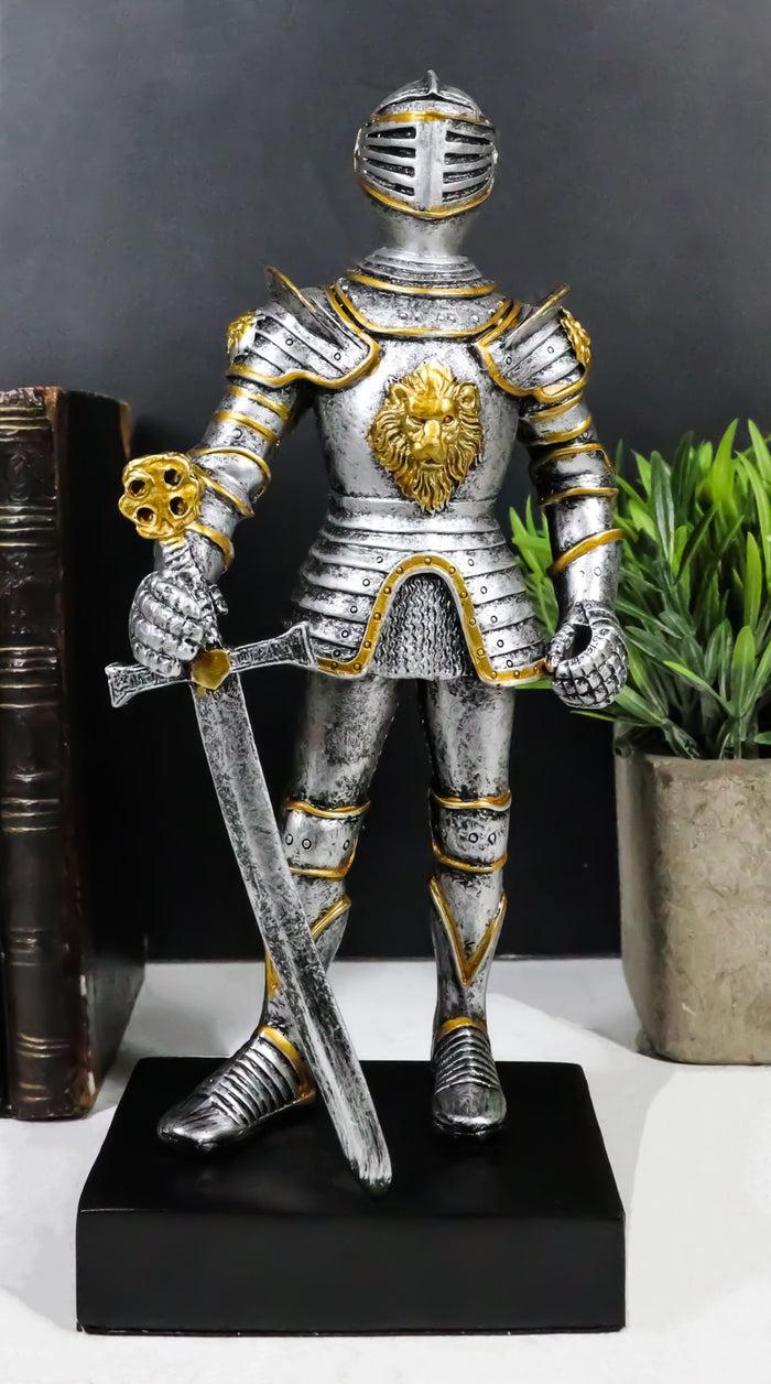 ebros gift English Chivalrous Lion Coat Of Arms Knight With Sword Standing Guard Figurine