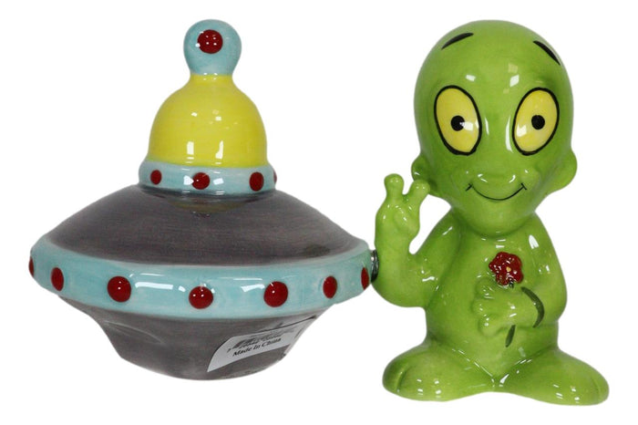 Ebros Gift ET Roswell Alien With Flying Saucer Spaceship Magnetic Salt Pepper Shakers Set