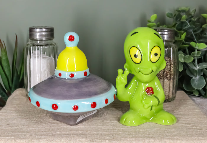 ebros gift ET Roswell Alien With Flying Saucer Spaceship Magnetic Salt Pepper Shakers Set