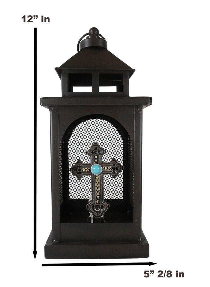 Ebros Gift European Rustic Western Turquoise Scroll Cross Electric Metal Lantern Lamp
