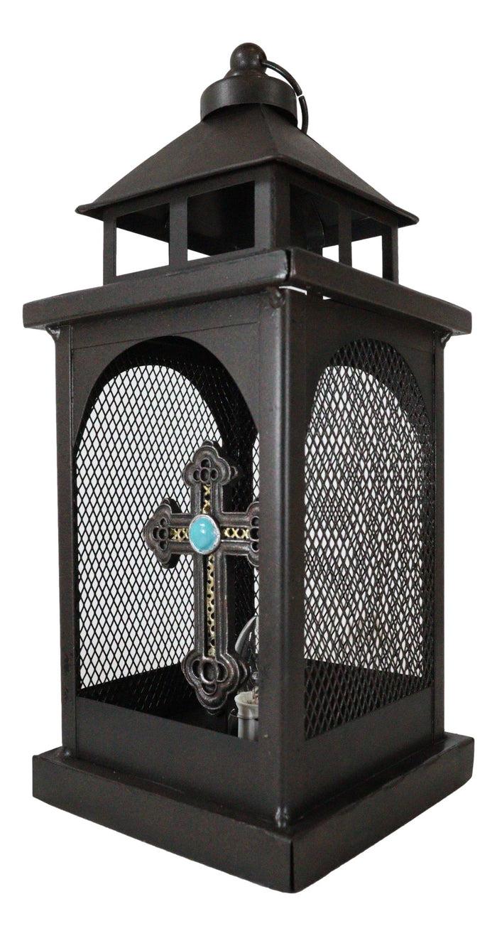 Ebros Gift European Rustic Western Turquoise Scroll Cross Electric Metal Lantern Lamp
