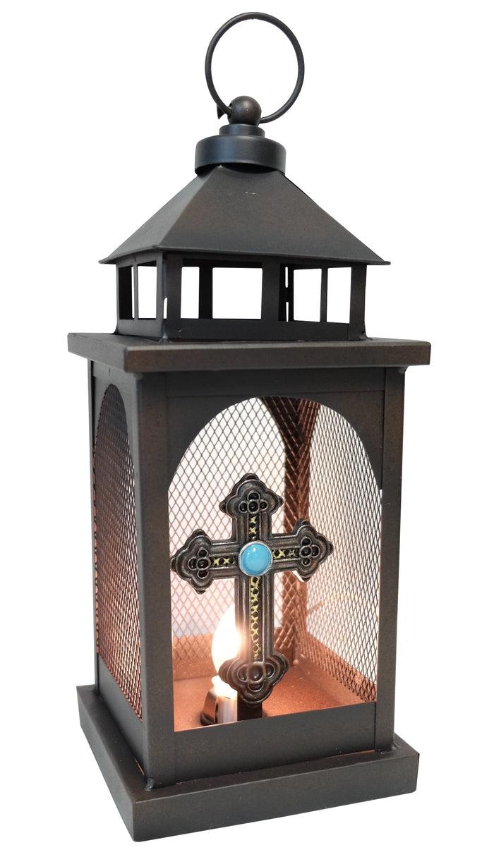Ebros Gift European Rustic Western Turquoise Scroll Cross Electric Metal Lantern Lamp