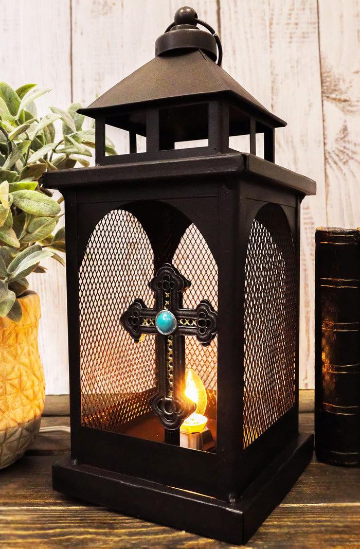 ebros gift European Rustic Western Turquoise Scroll Cross Electric Metal Lantern Lamp