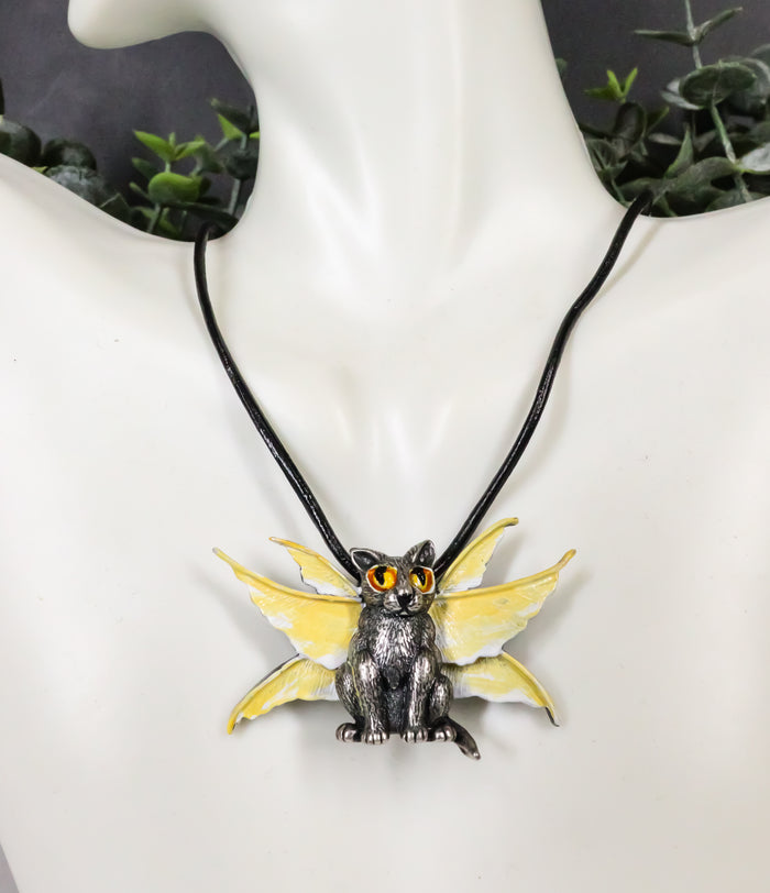 ebros gift Fae Pixie Dust Magic Feline Cat With Fairy Wings Pewter Jewelry Necklace