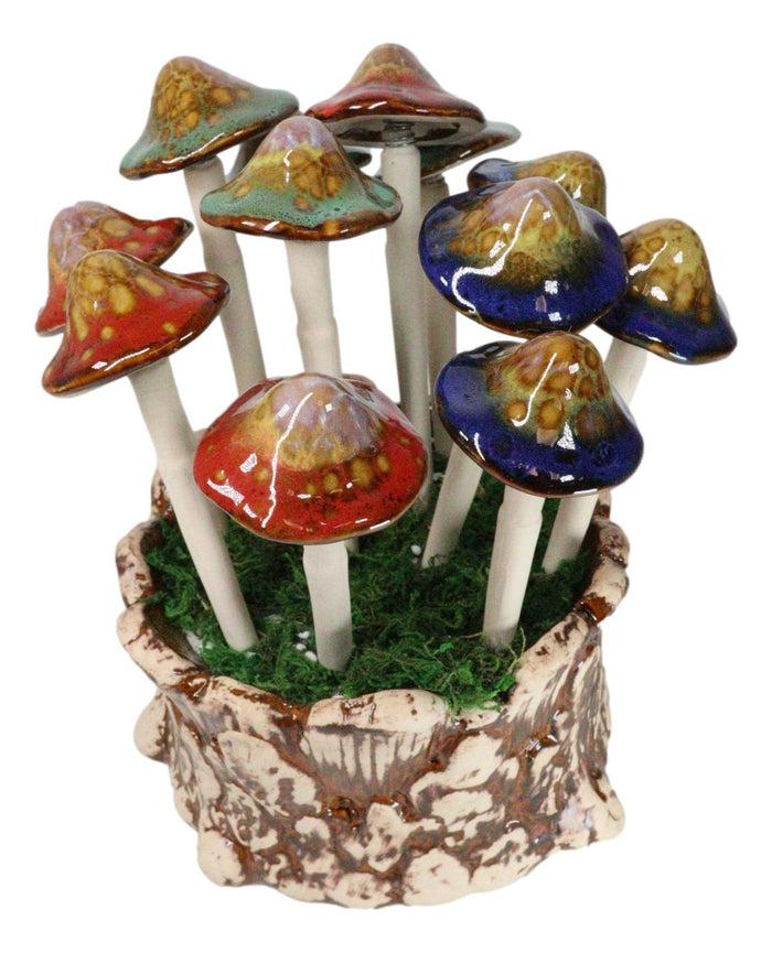 Ebros Gift Fairy Garden Colorful 12 Piece Ceramic Mushroom Picks With Planter Holder Set