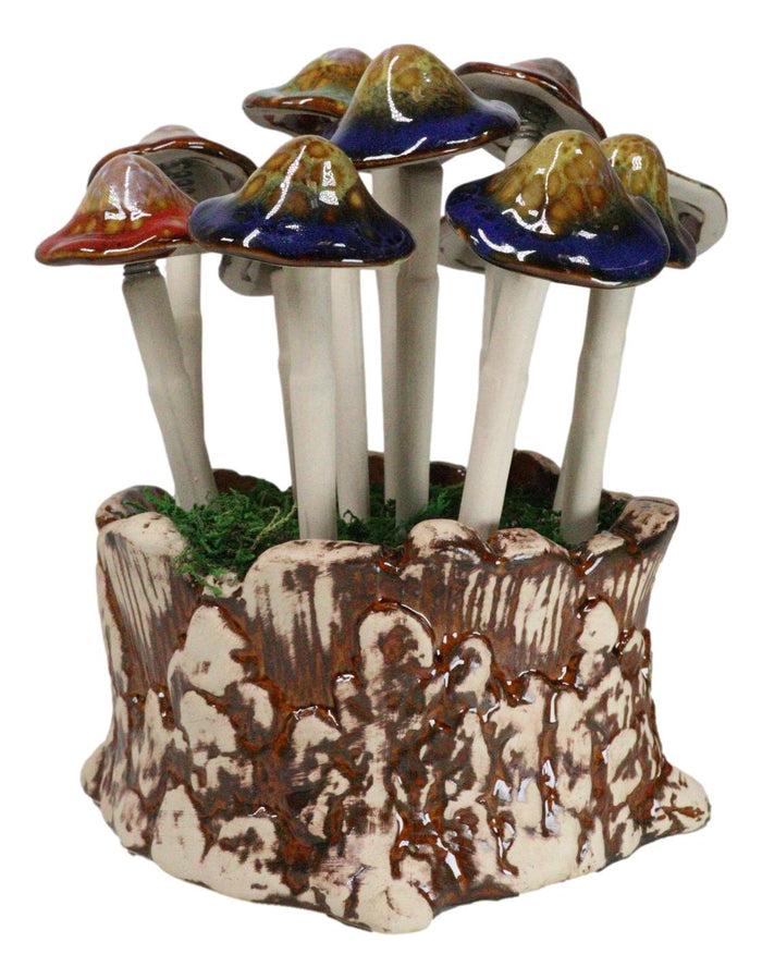 Ebros Gift Fairy Garden Colorful 12 Piece Ceramic Mushroom Picks With Planter Holder Set
