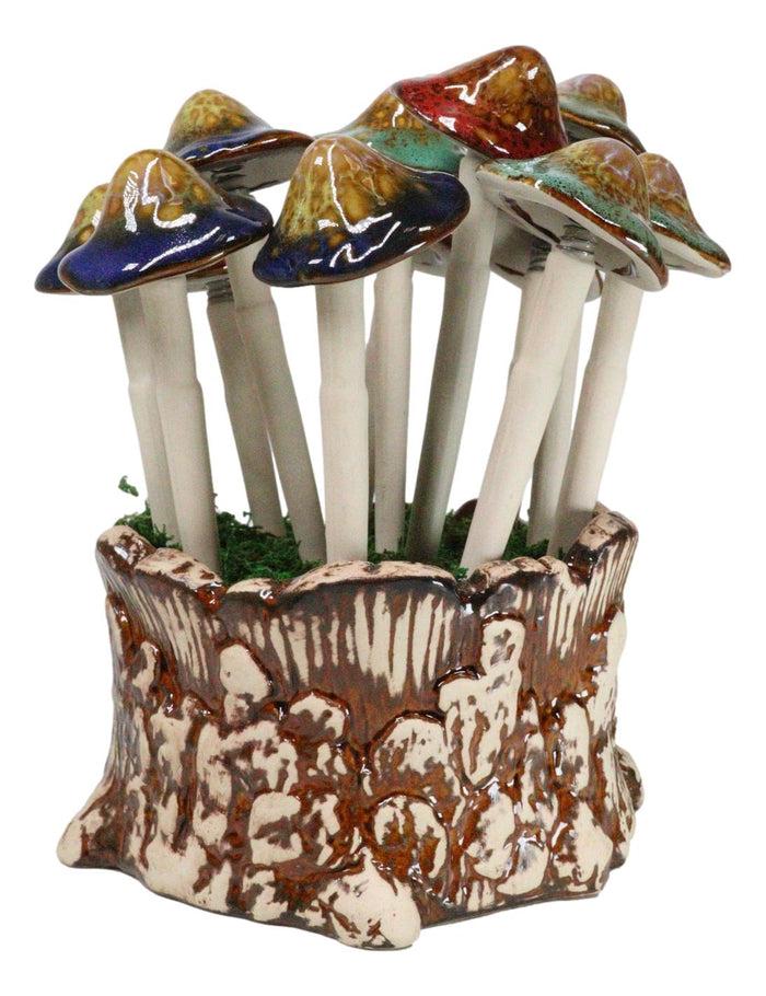 Ebros Gift Fairy Garden Colorful 12 Piece Ceramic Mushroom Picks With Planter Holder Set