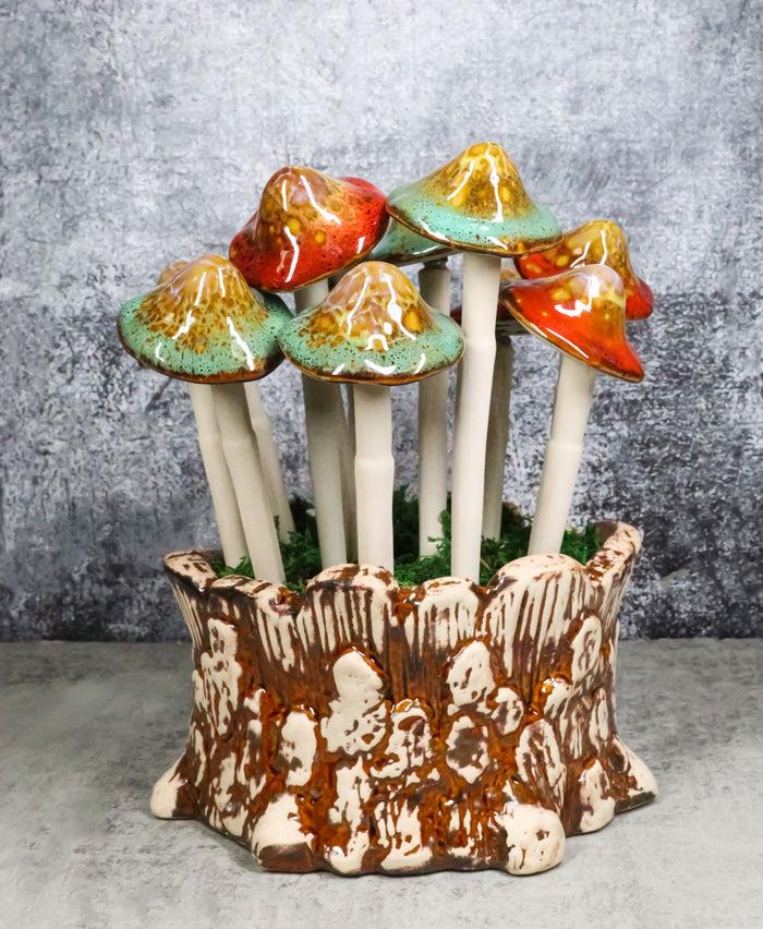 ebros gift Fairy Garden Colorful 12 Piece Ceramic Mushroom Picks With Planter Holder Set