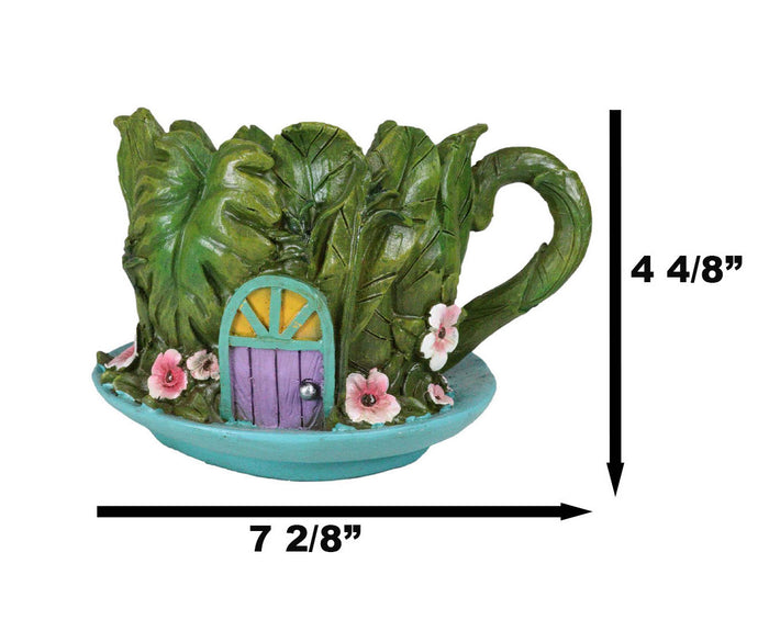 Ebros Gift Fairy Garden Leaf Foliage Teacup House With Purple Door Floral Planter Vase