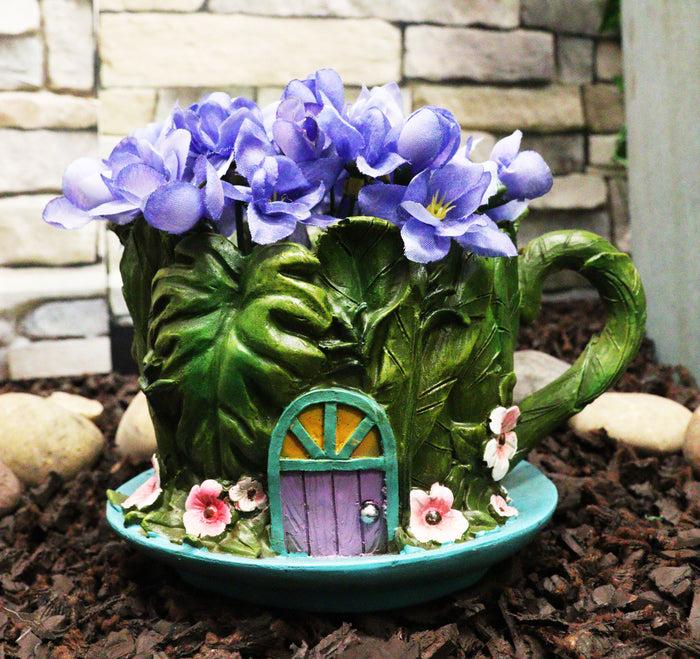 ebros gift Fairy Garden Leaf Foliage Teacup House With Purple Door Floral Planter Vase