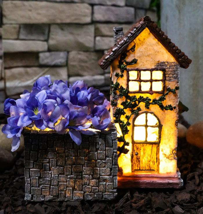 ebros gift Fairy Garden LED Light Mediterranean Floral Planter Mini House With Grey Stones