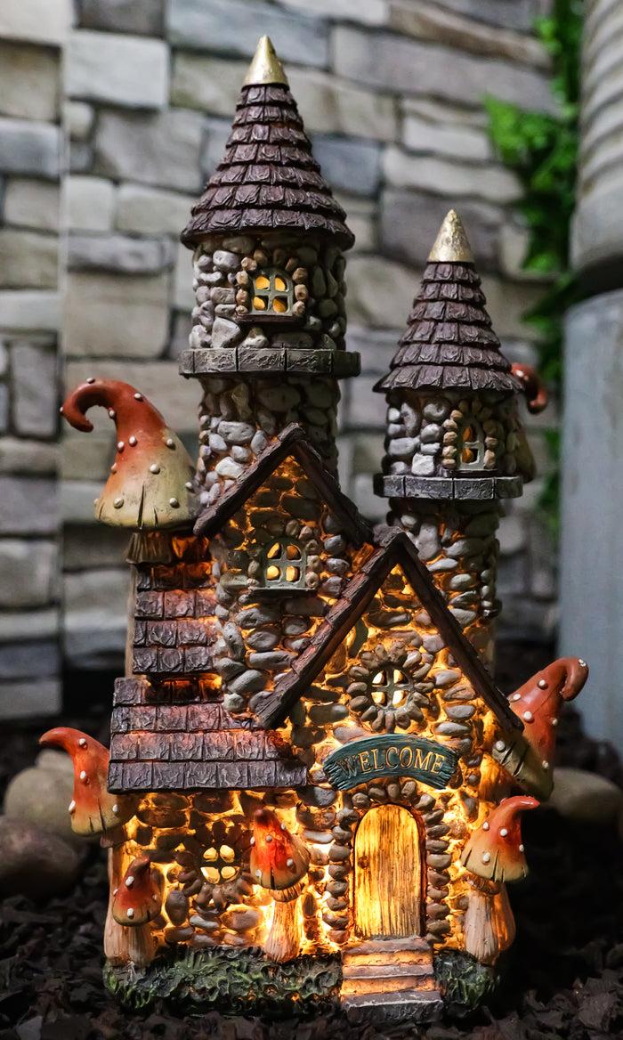 ebros gift Fairy Garden LED Light Up Castle Stone House With Tall Tower Roofs Figurine