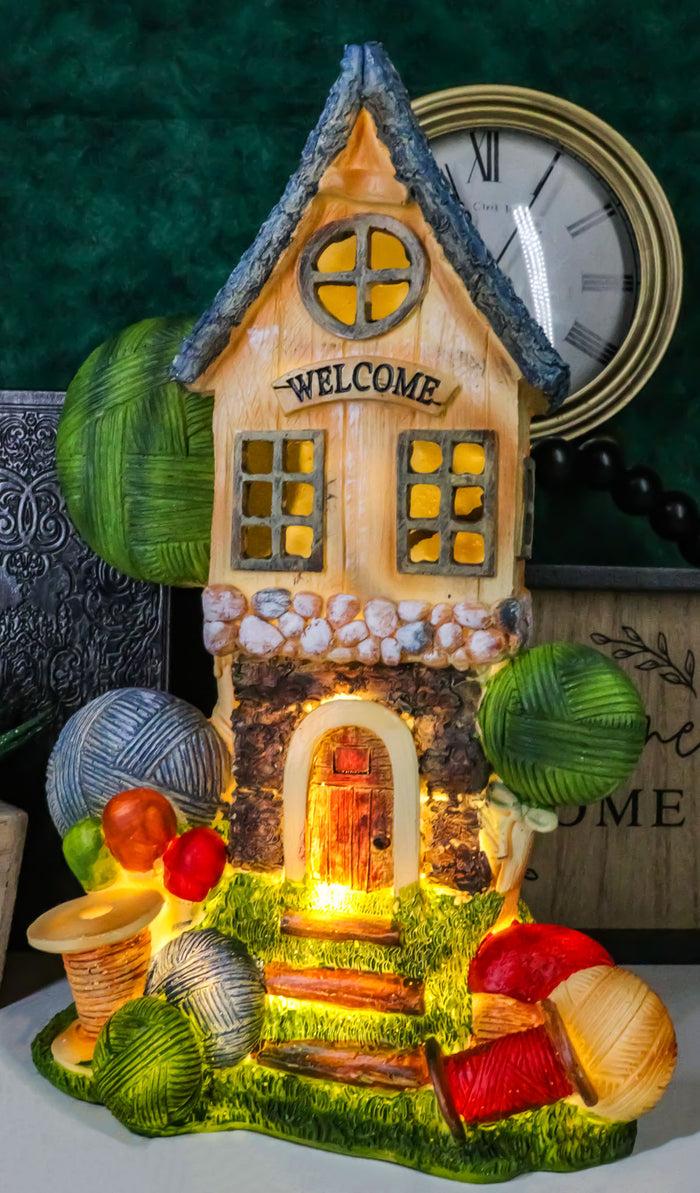 ebros gift Fairy Garden LED Light Up Cottage House With Colorful Yarn Wool Welcome Sign