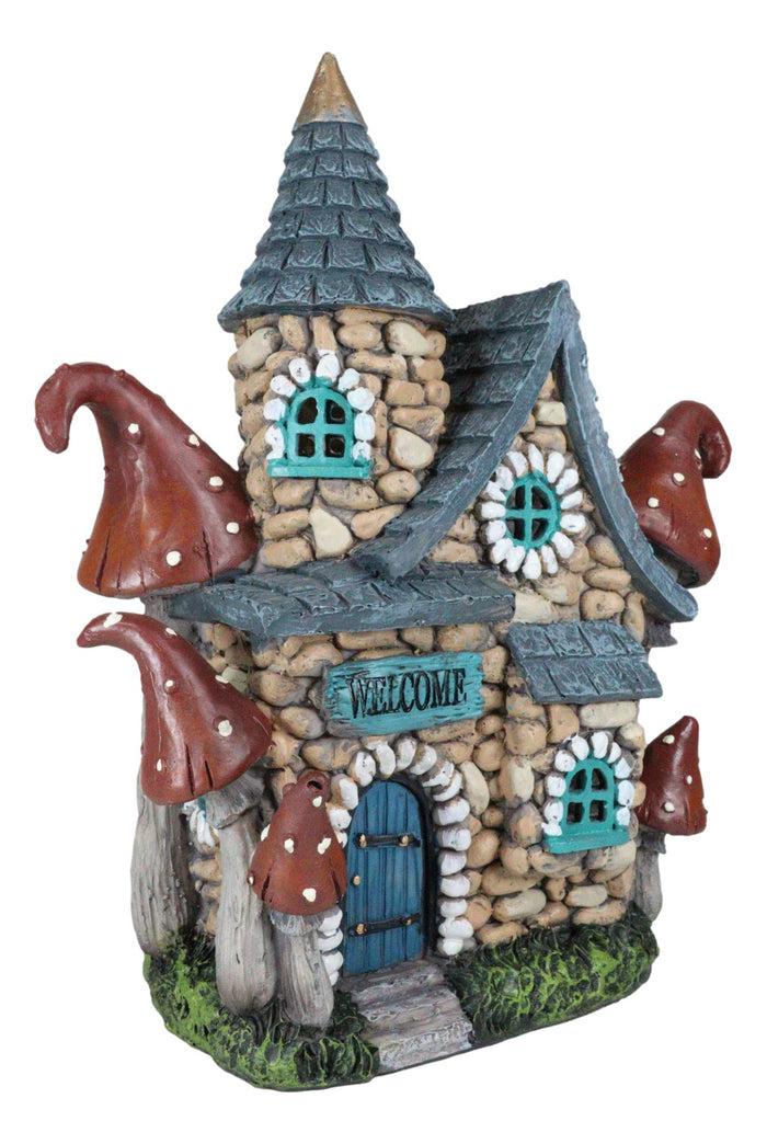 Ebros Gift Fairy Garden LED Light Up Cottage Stone House With Toadstool Mushrooms Figurine