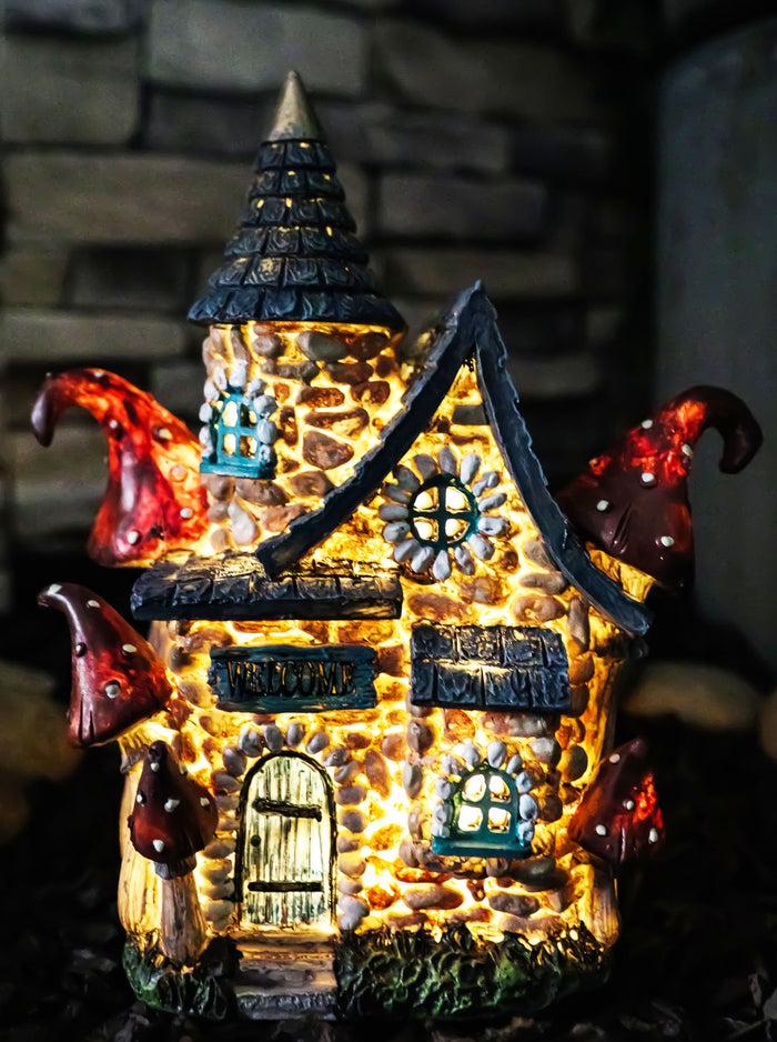 ebros gift Fairy Garden LED Light Up Cottage Stone House With Toadstool Mushrooms Figurine