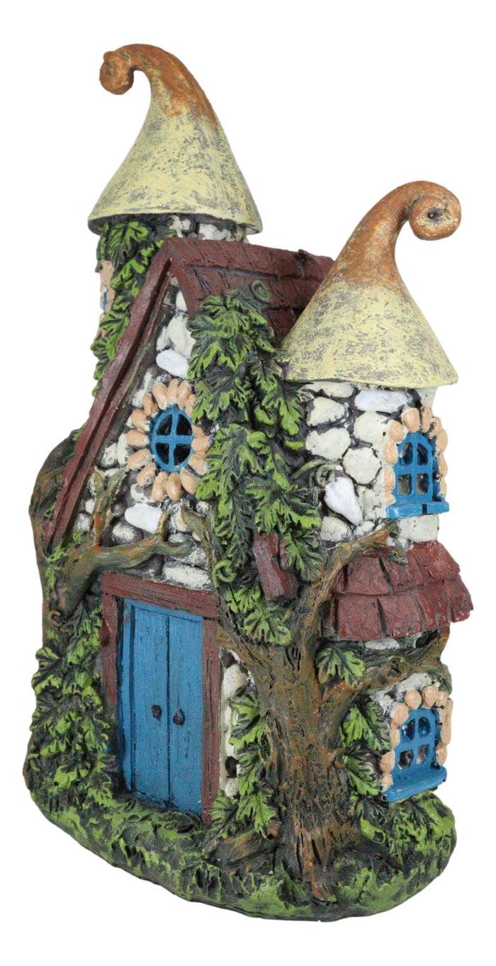 Ebros Gift Fairy Garden LED Light Up Cottage Stone House With 2 Roofs Blue Door Figurine