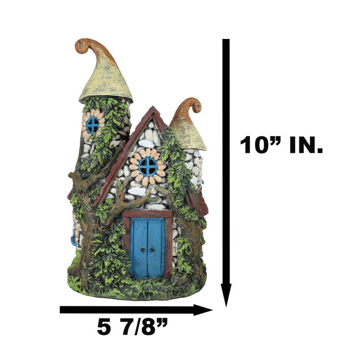 Ebros Gift Fairy Garden LED Light Up Cottage Stone House With 2 Roofs Blue Door Figurine