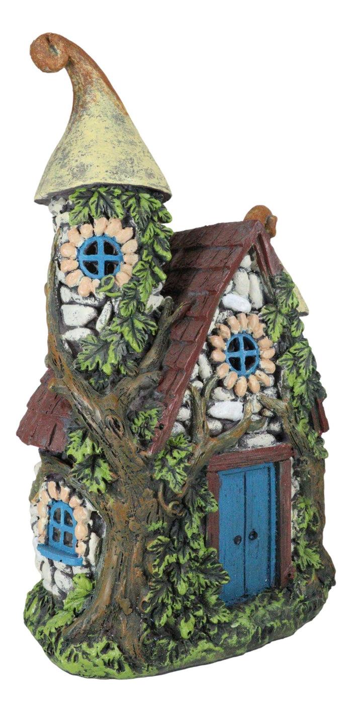 Ebros Gift Fairy Garden LED Light Up Cottage Stone House With 2 Roofs Blue Door Figurine