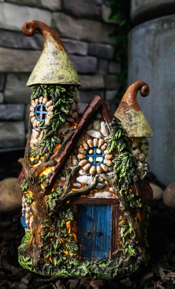 ebros gift Fairy Garden LED Light Up Cottage Stone House With 2 Roofs Blue Door Figurine