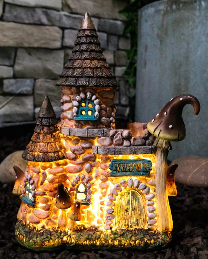 ebros gift Fairy Garden LED Light Up Cottage Stone House With Welcome Sign Door Figurine