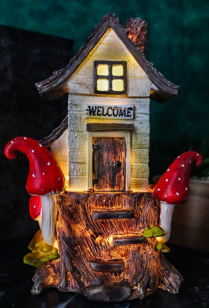 ebros gift Fairy Garden LED Light Up Cottage Tree House With Toadstool Mushrooms Figurine