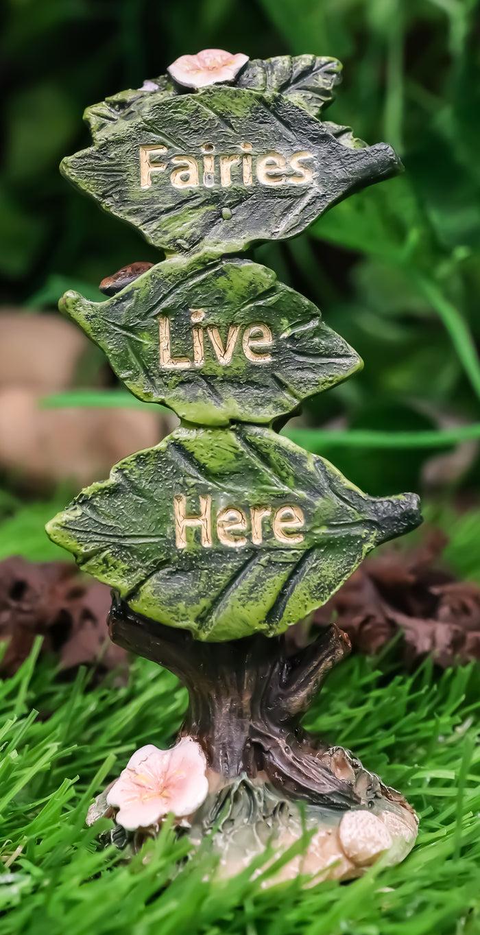 ebros gift Fairy Garden Miniature Fairies Live Here Flowering Tree Leaves Sign Sculpture