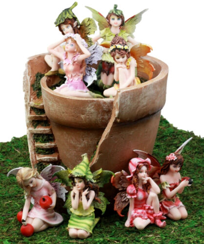Ebros Gift Fairy Garden Starter Kit Broken Planter Pot With 8 Miniature Fairy Figurines Set