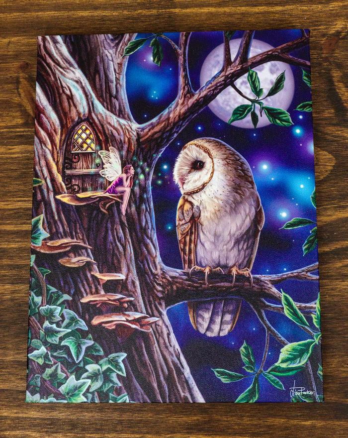 ebros gift Fairy Tales Pixie Tree House With Witch Owl Wood Framed Canvas Wall Decor