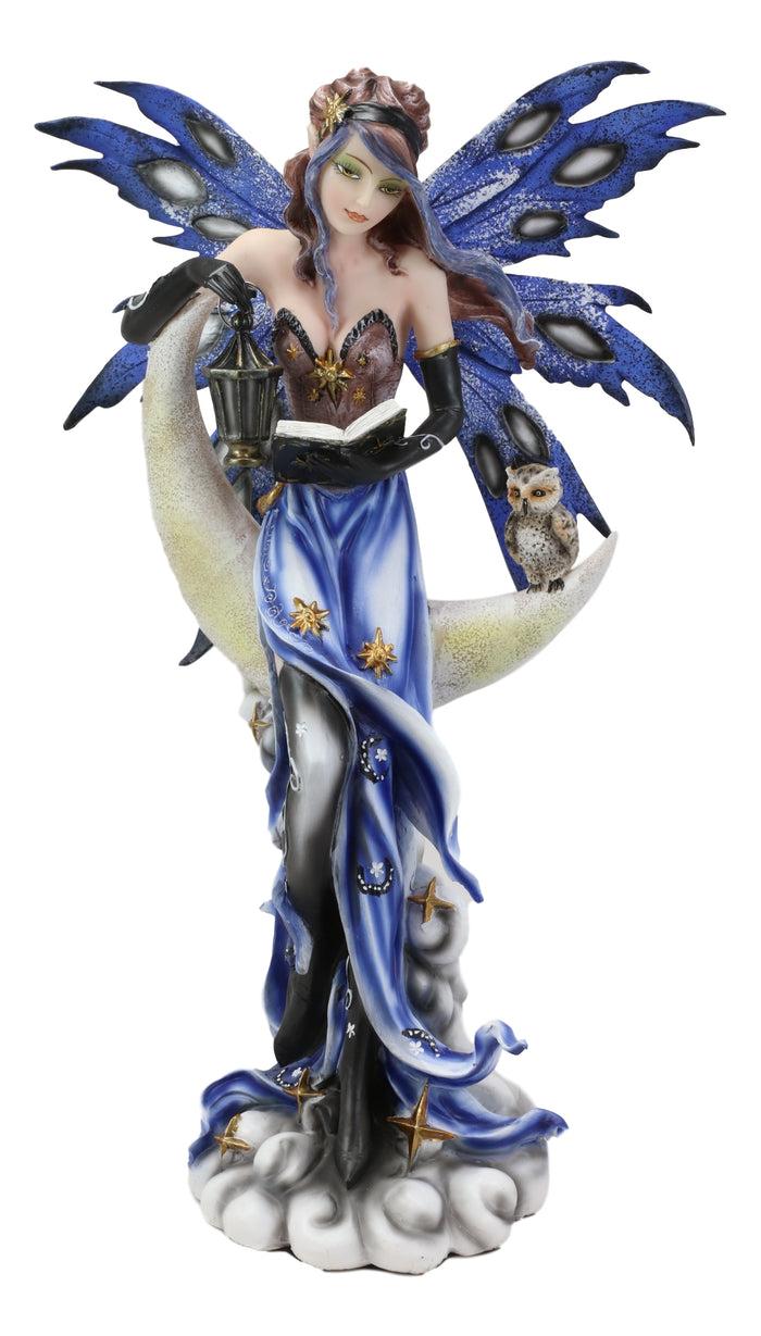 Ebros Gift Fairy With Book Lantern And Owl On Crescent Moon Clouds And Stars Statue 14" H