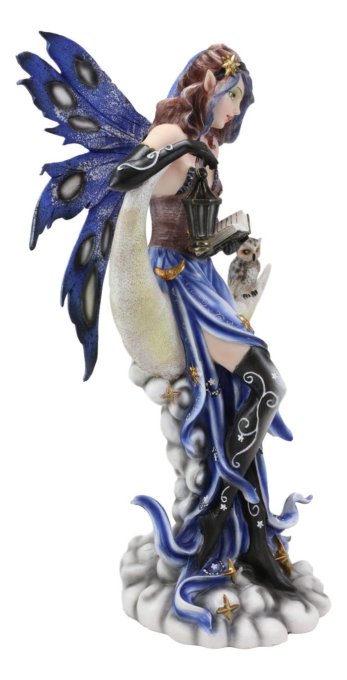 Ebros Gift Fairy With Book Lantern And Owl On Crescent Moon Clouds And Stars Statue 14" H