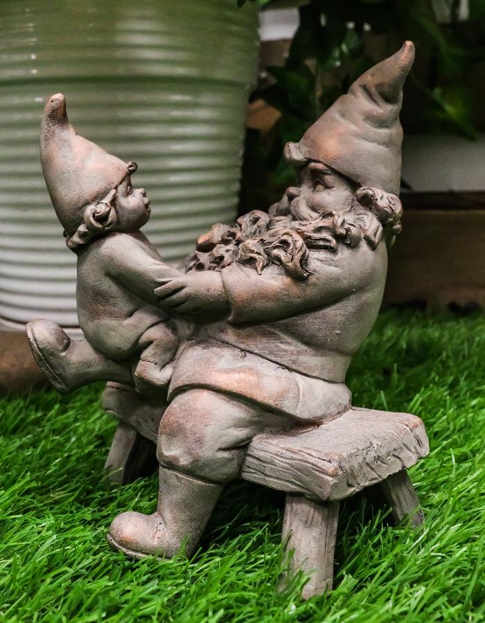 ebros gift Family Bonding Papa Gnome With Baby Gnome Sitting On Wooden Stool Garden Statue