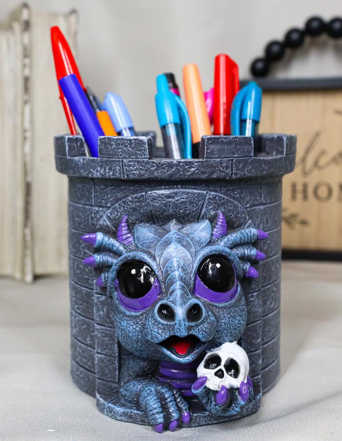 ebros gift Fantasy Baby Dragon Wyrmling Holding Skull In Castle Tower Stationery Pen Holder