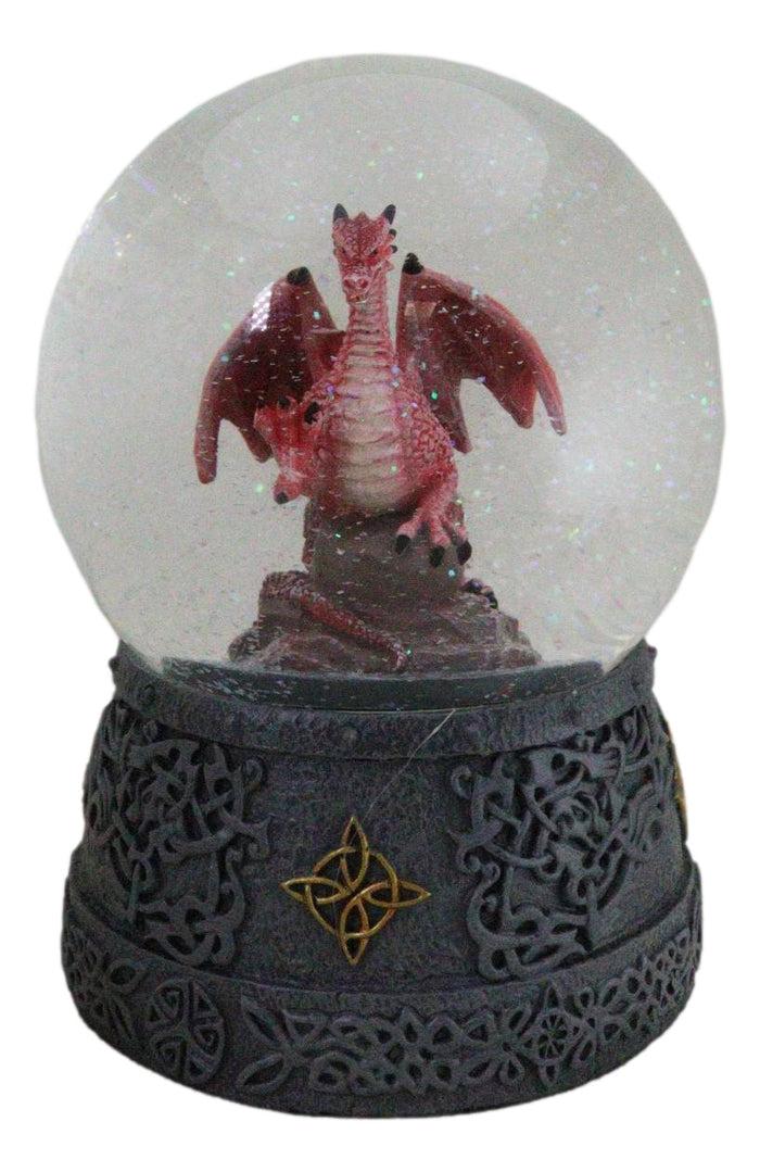ebros gift Fantasy Celtic Quadrilateral Knotwork Red Volcano Dragon Water Globe Figurine