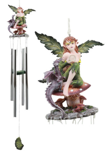 Ebros Gift Fantasy Green Petal Rain Dance Tribal Fairy With Dragon Pet Wind Chime Decor