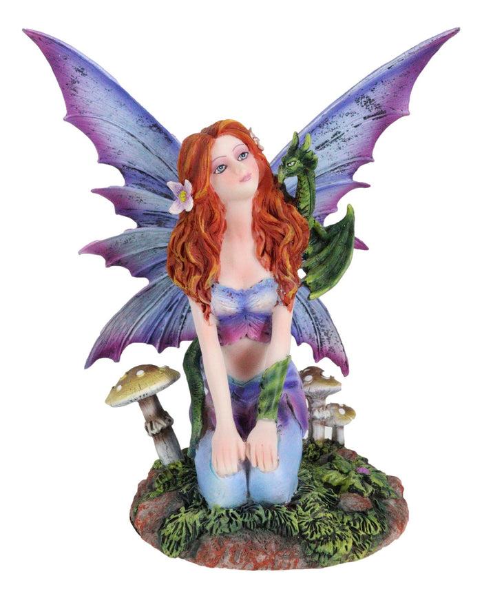 Ebros Gift Fantasy Purple Butterfly Winged Red Hair Fairy With Green Pet Dragon Figurine
