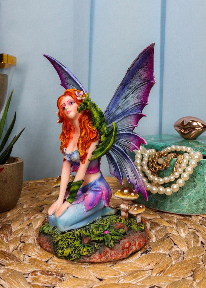 Ebros Gift Fantasy Purple Butterfly Winged Red Hair Fairy With Green Pet Dragon Figurine