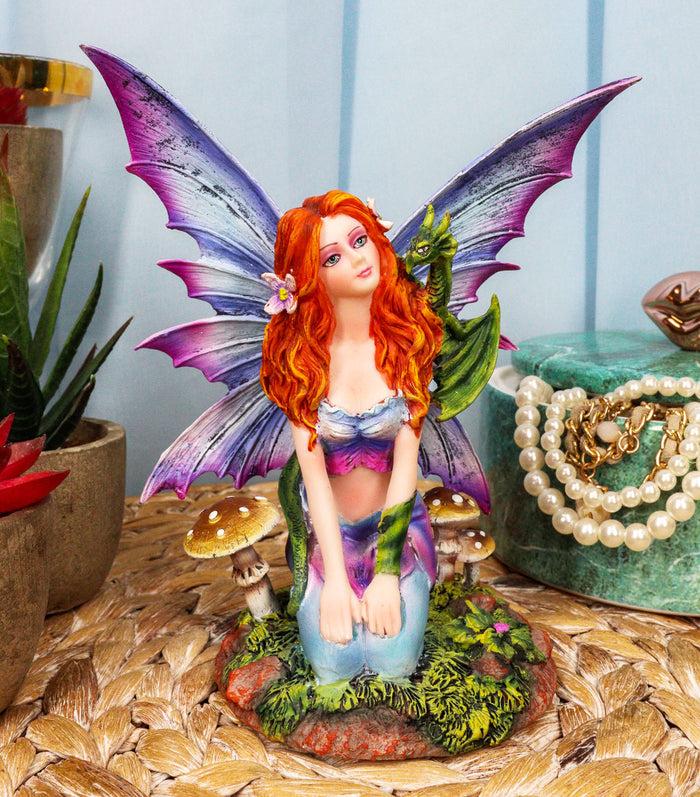 ebros gift Fantasy Purple Butterfly Winged Red Hair Fairy with Green Pet Dragon Figurine